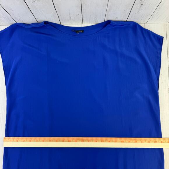 Eileen Fisher Blue Silk Georgette Washable Crepe Cap Sleeve Boxy Dress Size XS - Picture 11 of 14